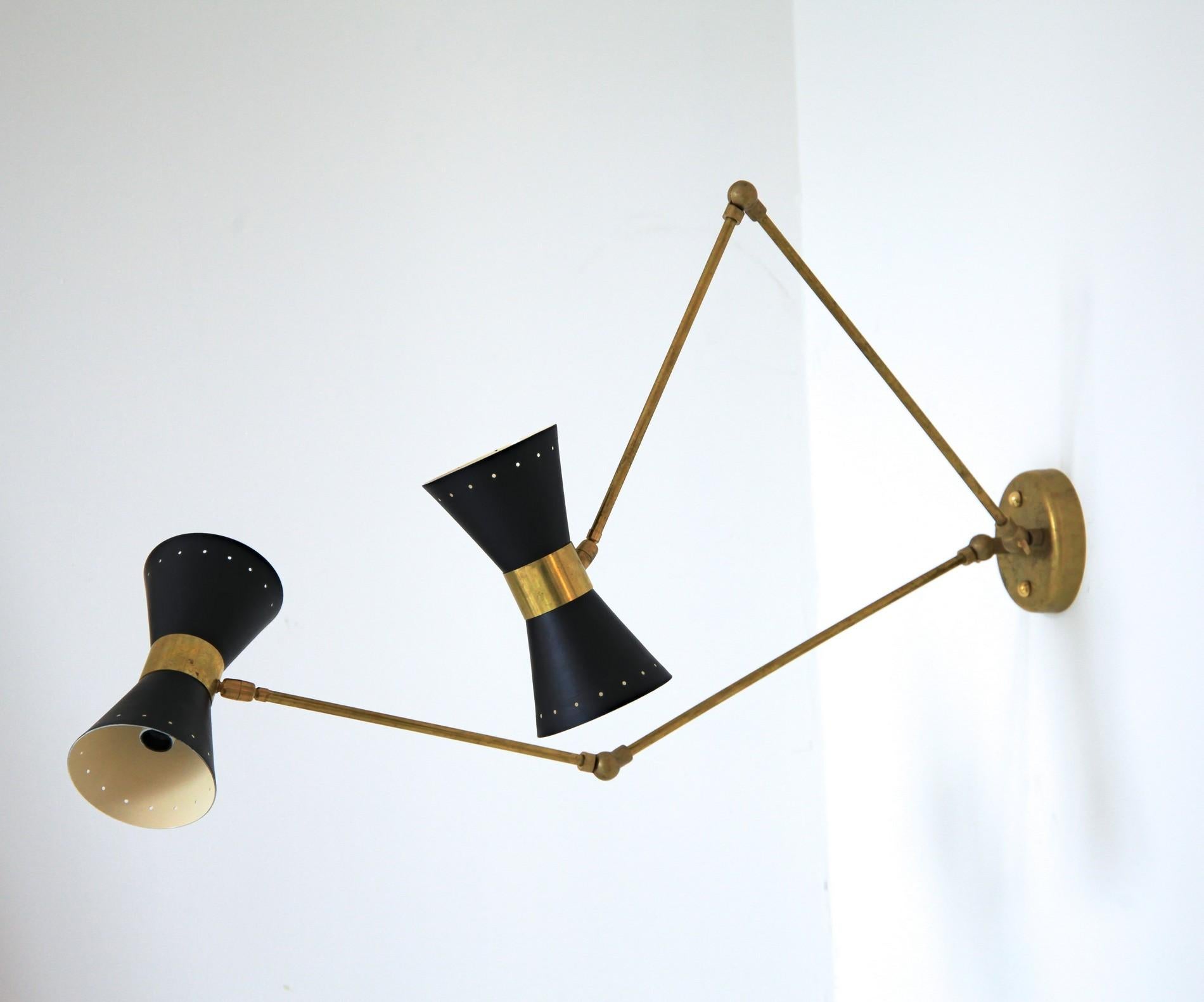 Double Articulated Sconce, Midcentury Stilnovo Style Solid Brass Black Shades 4
