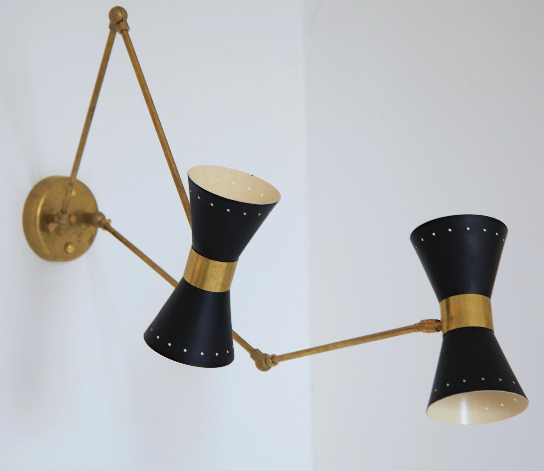 Double Articulated Sconce, Midcentury Stilnovo Style Solid Brass Black Shades 5