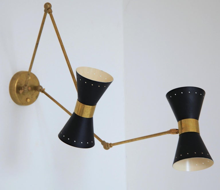 Double Articulated Sconce, Midcentury Stilnovo Style Solid Brass Black Shades at 1stDibs