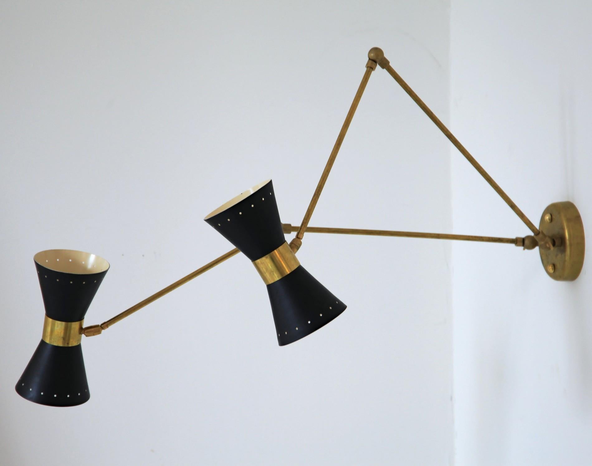 Double Articulated Sconce, Midcentury Stilnovo Style Solid Brass Black Shades 7