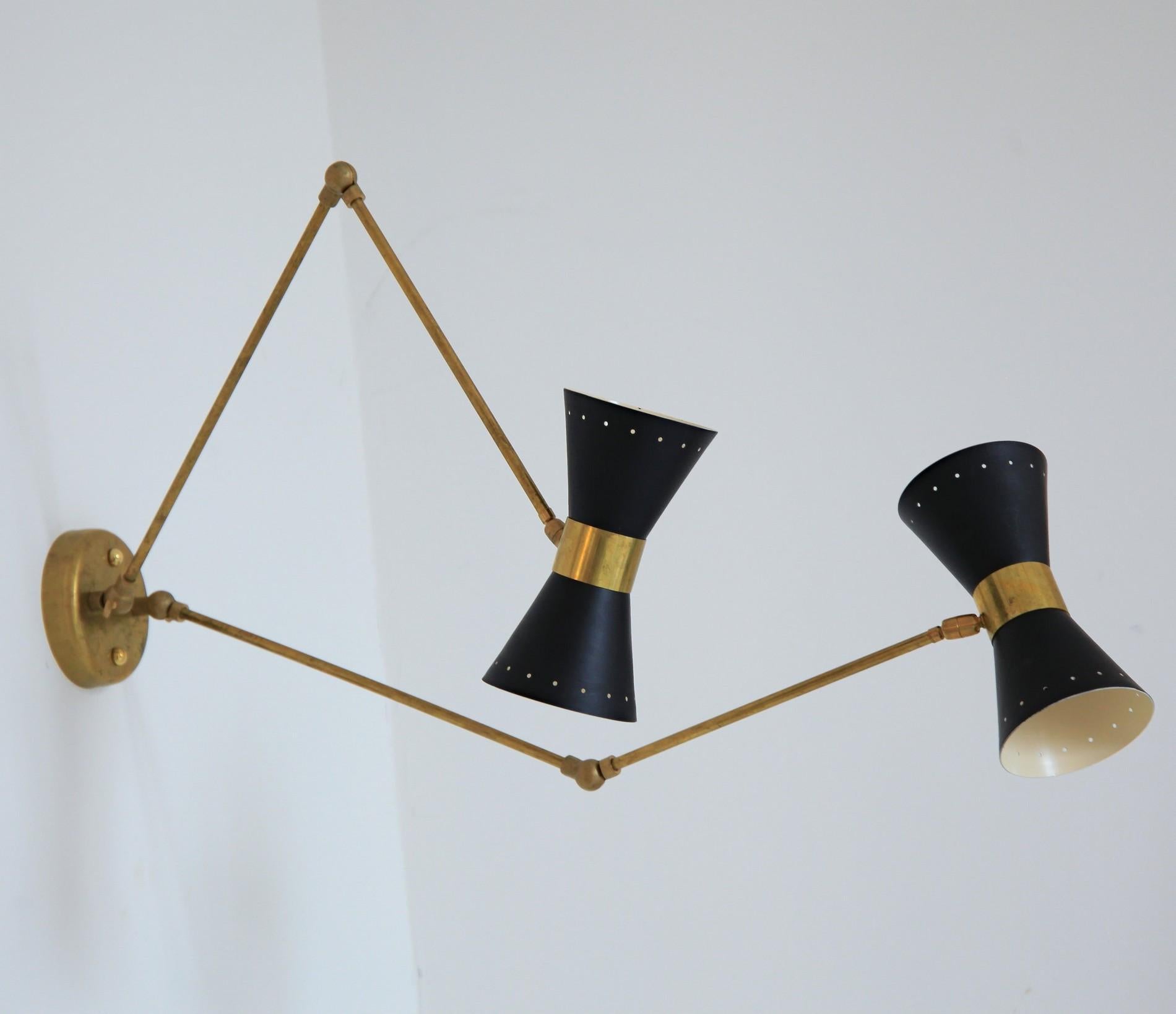 Double Articulated Sconce, Midcentury Stilnovo Style Solid Brass Black Shades 8