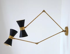 Double Articulated Sconce, Midcentury Stilnovo Style Solid Brass Black Shades