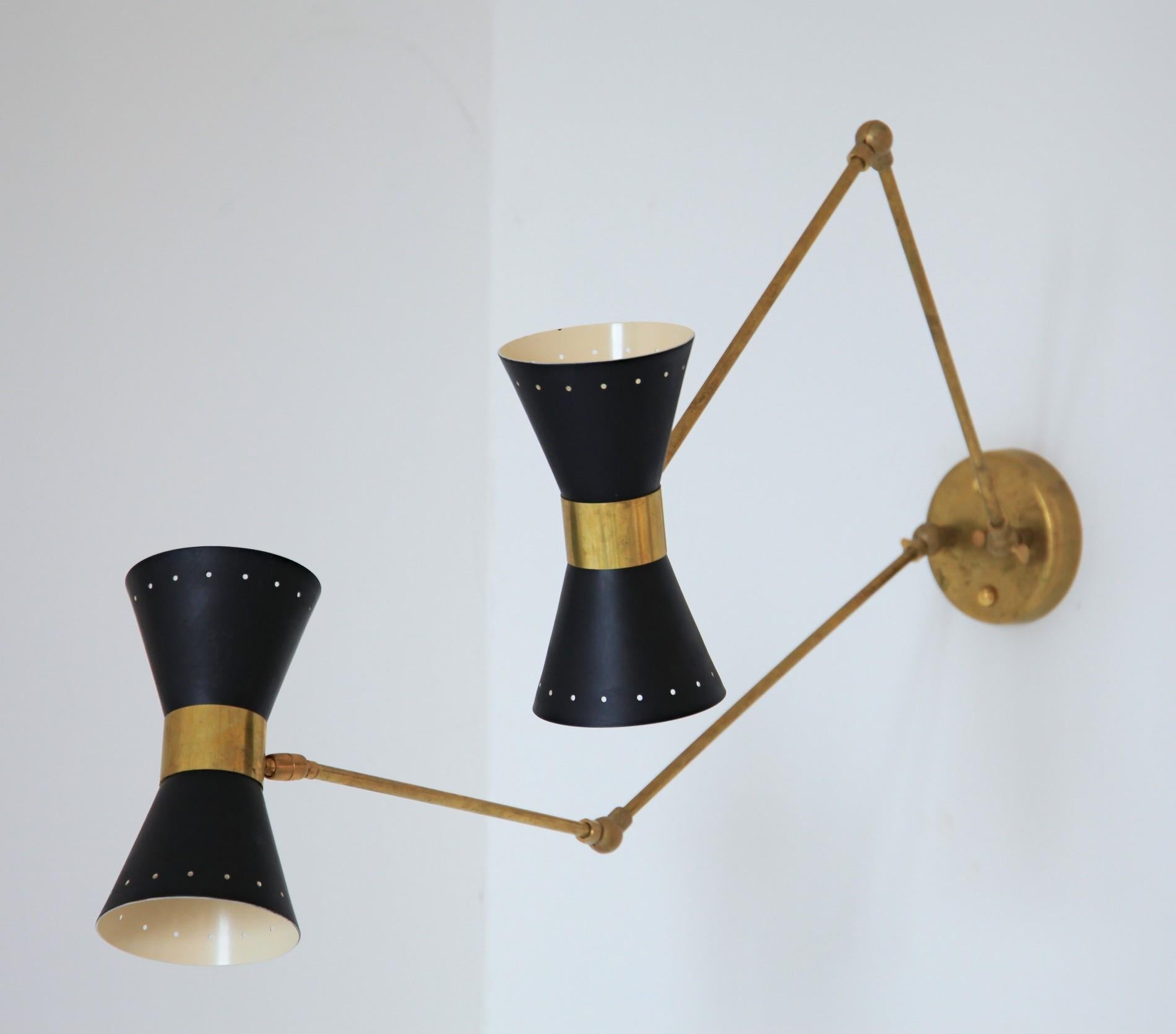 Mid-Century Modern Double Articulated Sconce, Midcentury Stilnovo Style Solid Brass Black Shades