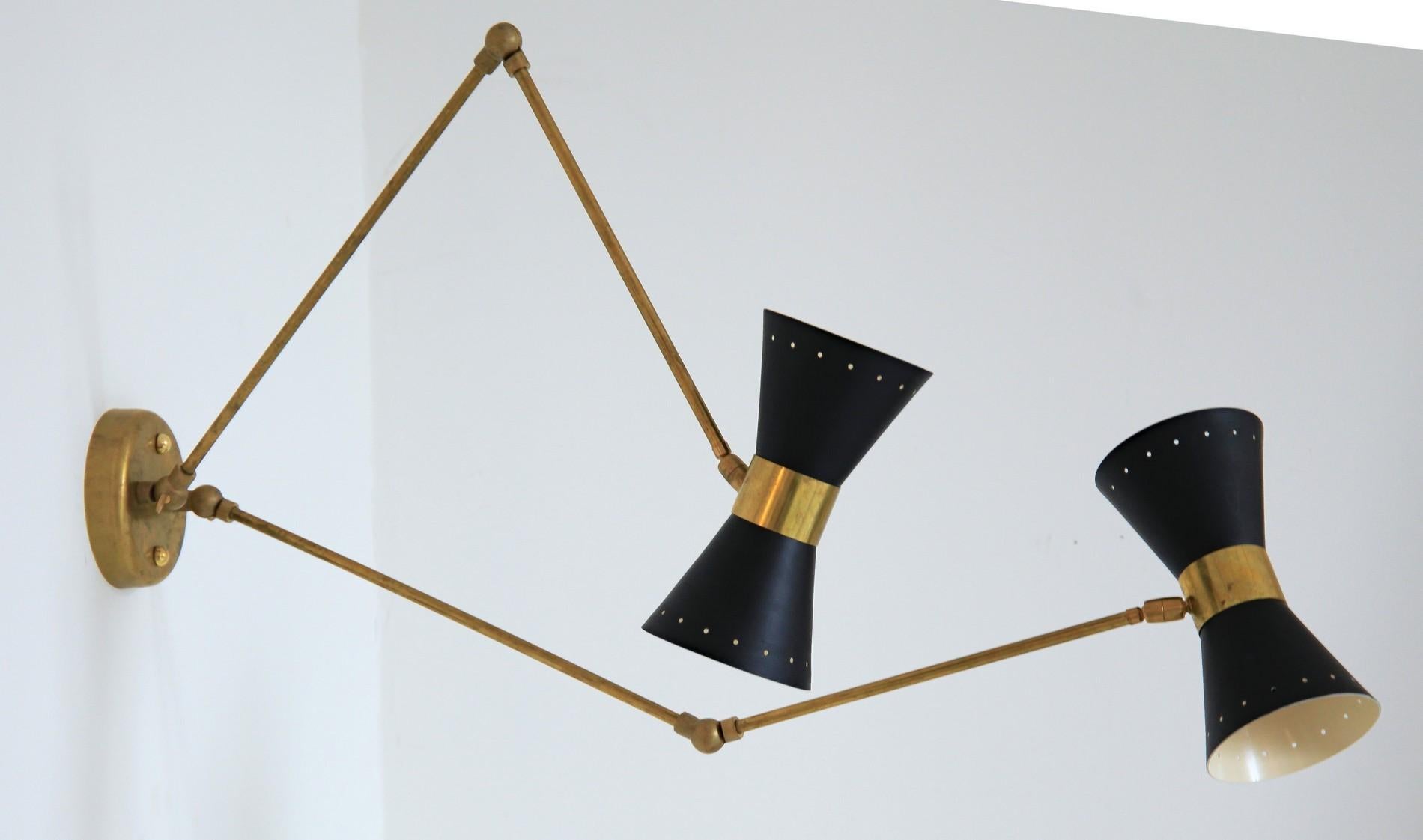 Italian Double Articulated Sconce, Midcentury Stilnovo Style Solid Brass Black Shades