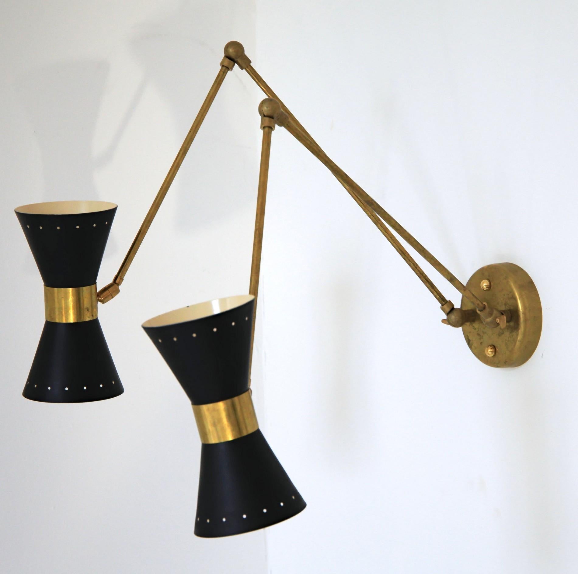 Enameled Double Articulated Sconce, Midcentury Stilnovo Style Solid Brass Black Shades
