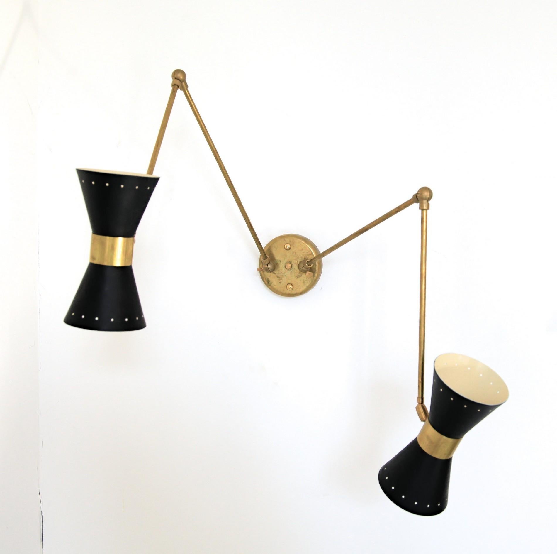 Double Articulated Sconce, Midcentury Stilnovo Style Solid Brass Black Shades In New Condition In Tavarnelle val di Pesa, Florence