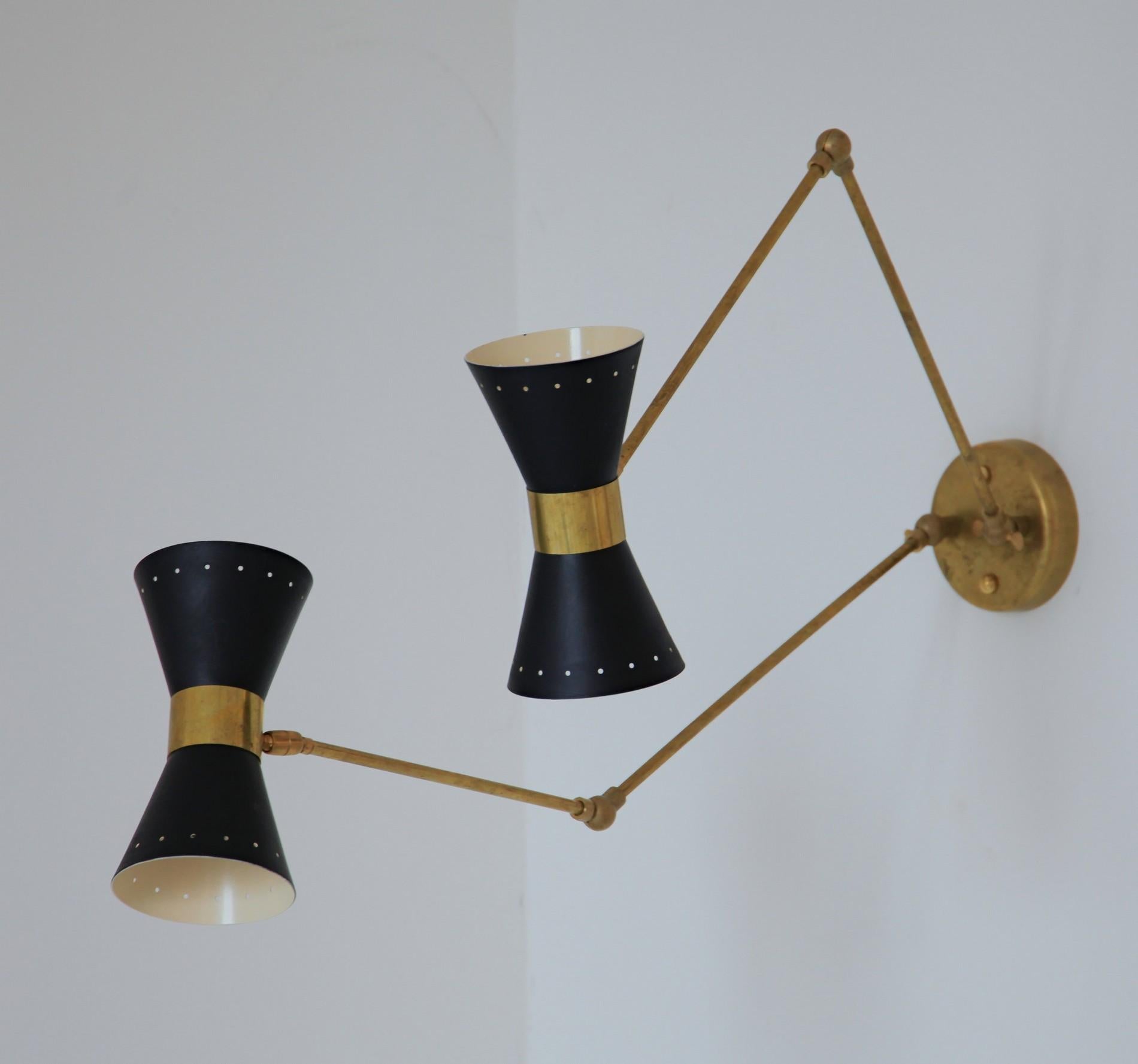 Contemporary Double Articulated Sconce, Midcentury Stilnovo Style Solid Brass Black Shades