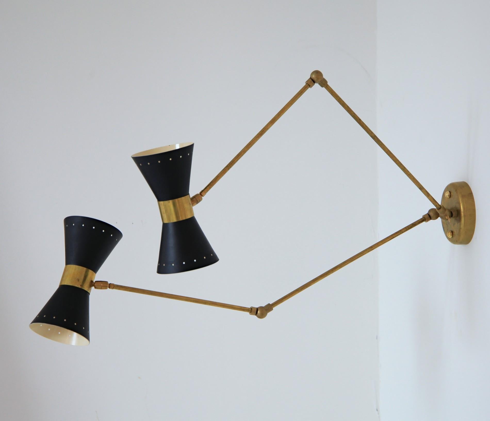 Metal Double Articulated Sconce, Midcentury Stilnovo Style Solid Brass Black Shades