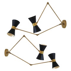 Double Articulated Sconce, Midcentury Stilnovo Style Solid Brass Black Shades