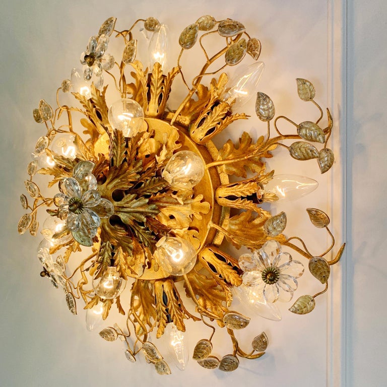 Double Banci Firenze Gilt Murano Glass Flush Light In Good Condition For Sale In Hastings, GB
