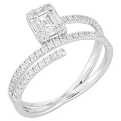 Double Band 14K (or 18k upon request) White Gold Emerald Cut Diamond Halo Ring