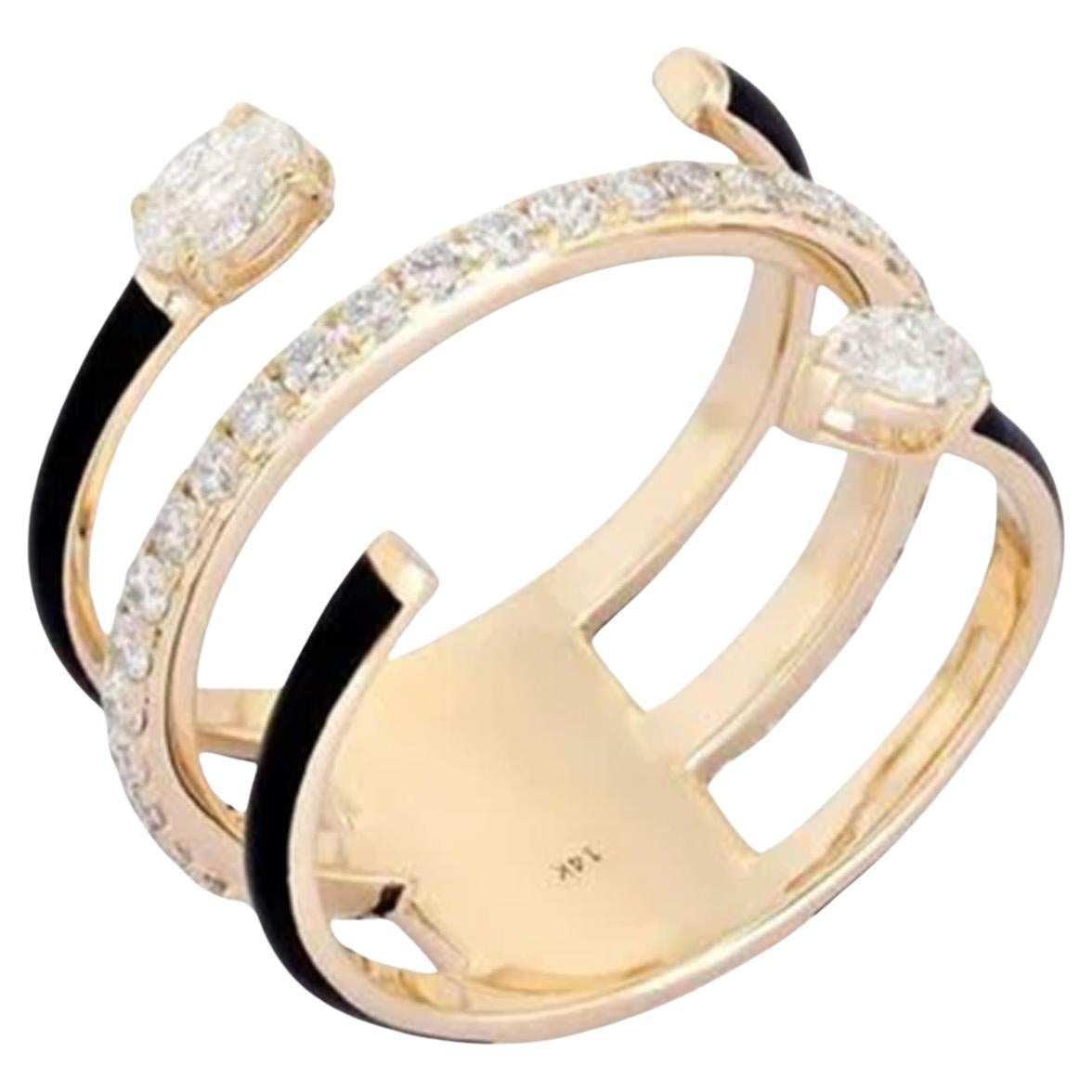 Double Band 14K (or 18k upon request) Yellow Gold Black Enamel Oval Ring