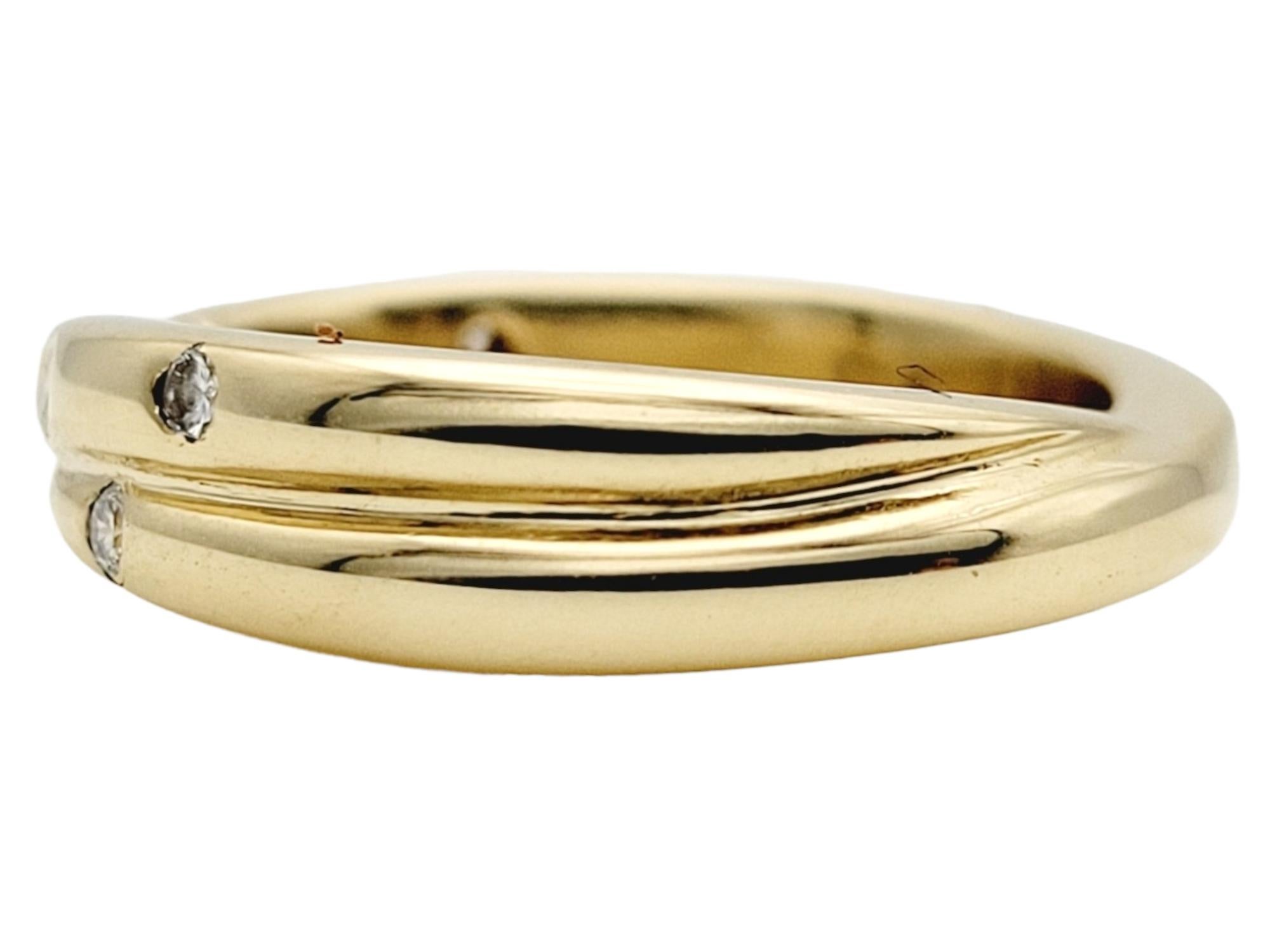 Contemporary Double Band Crossover Ring with Diamonds in Polished 14 Karat Yellow Gold  For Sale