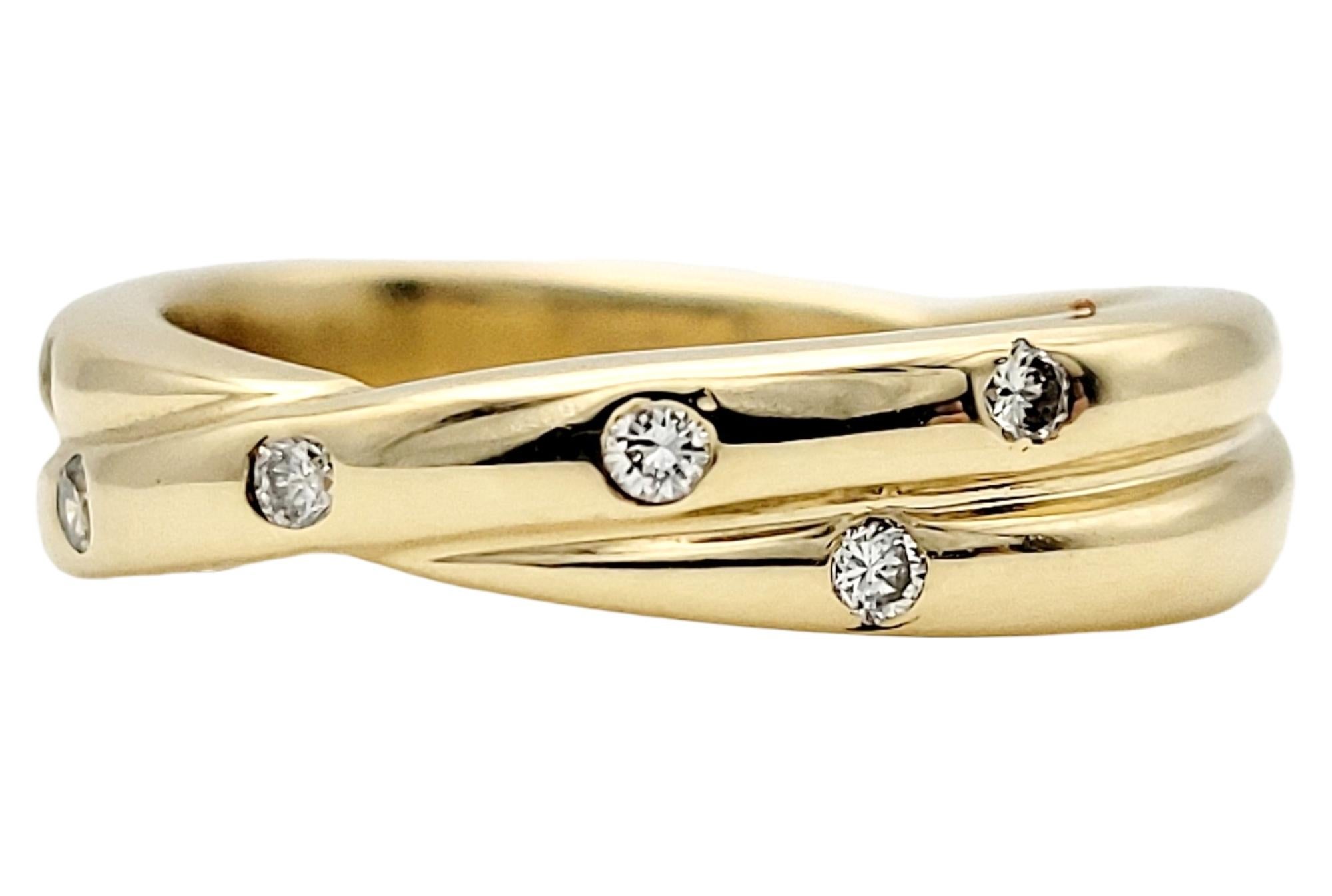 Round Cut Double Band Crossover Ring with Diamonds in Polished 14 Karat Yellow Gold  For Sale