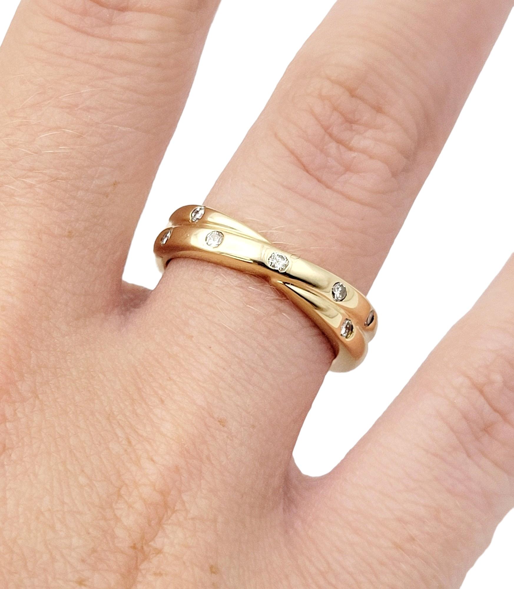 Women's Double Band Crossover Ring with Diamonds in Polished 14 Karat Yellow Gold  For Sale