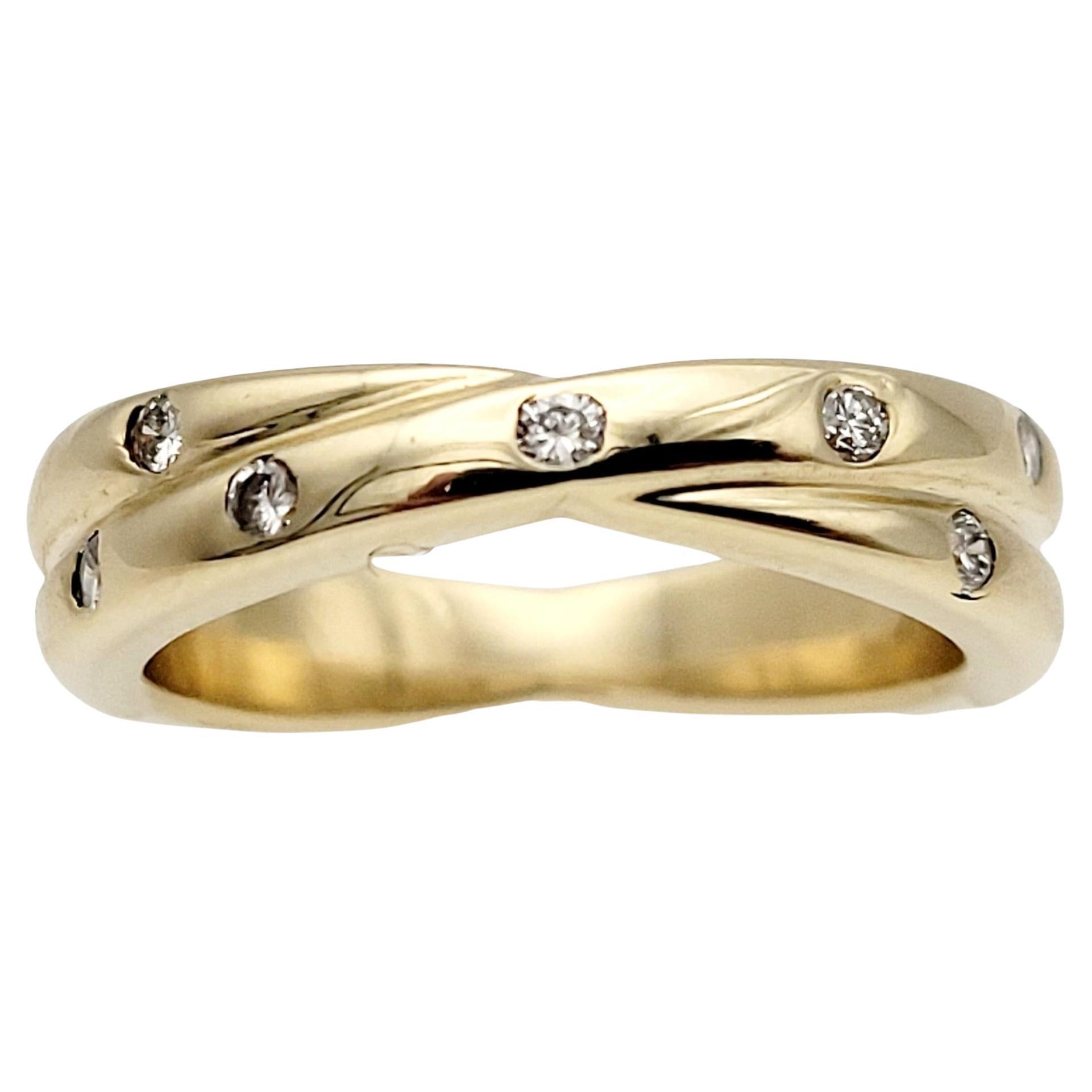 Double Band Crossover Ring with Diamonds in Polished 14 Karat Yellow Gold  For Sale