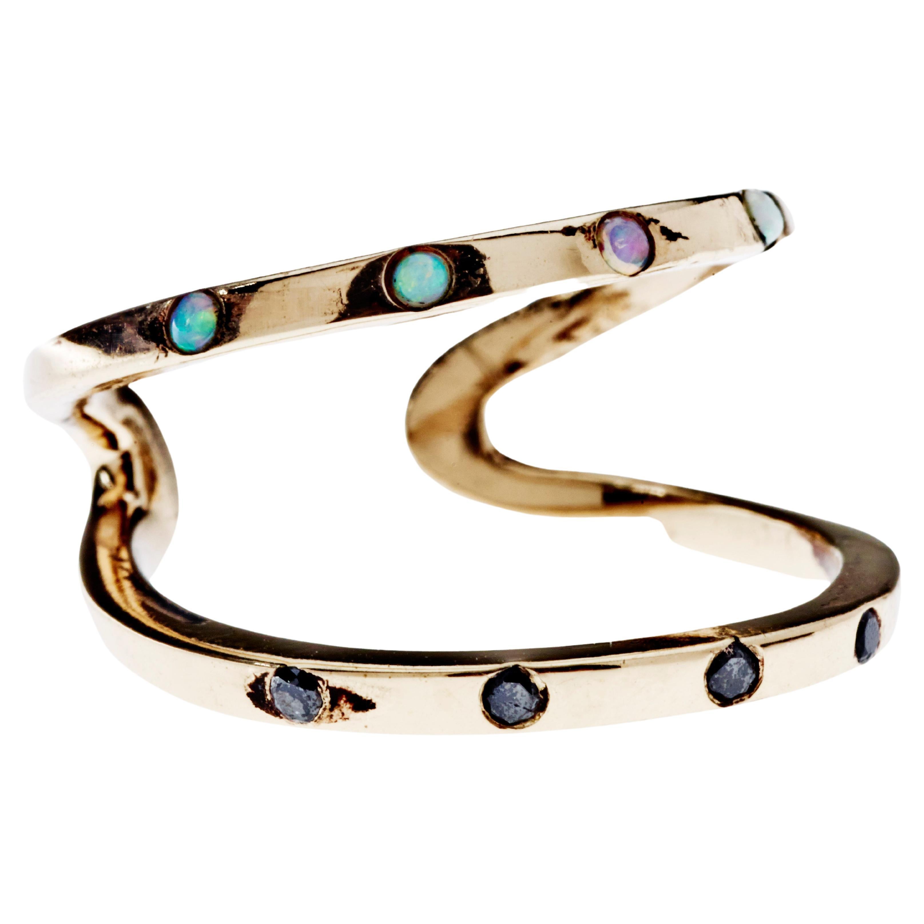 Black Diamond Opal Double Band Ring Gold Cocktail Ring J Dauphin