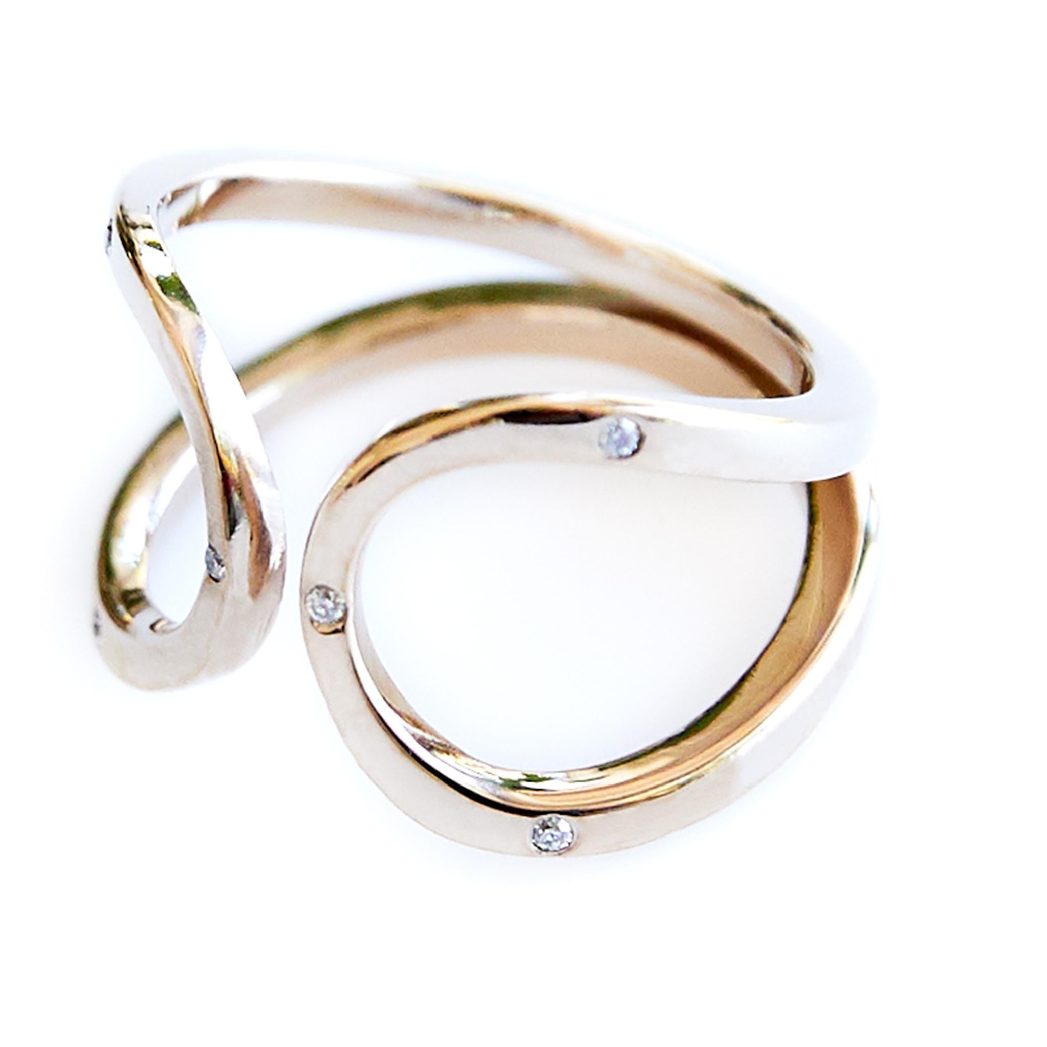 Contemporary Double Band Ring Gold Vermeil White Diamond Cocktail Ring Adjustable J Dauphin For Sale
