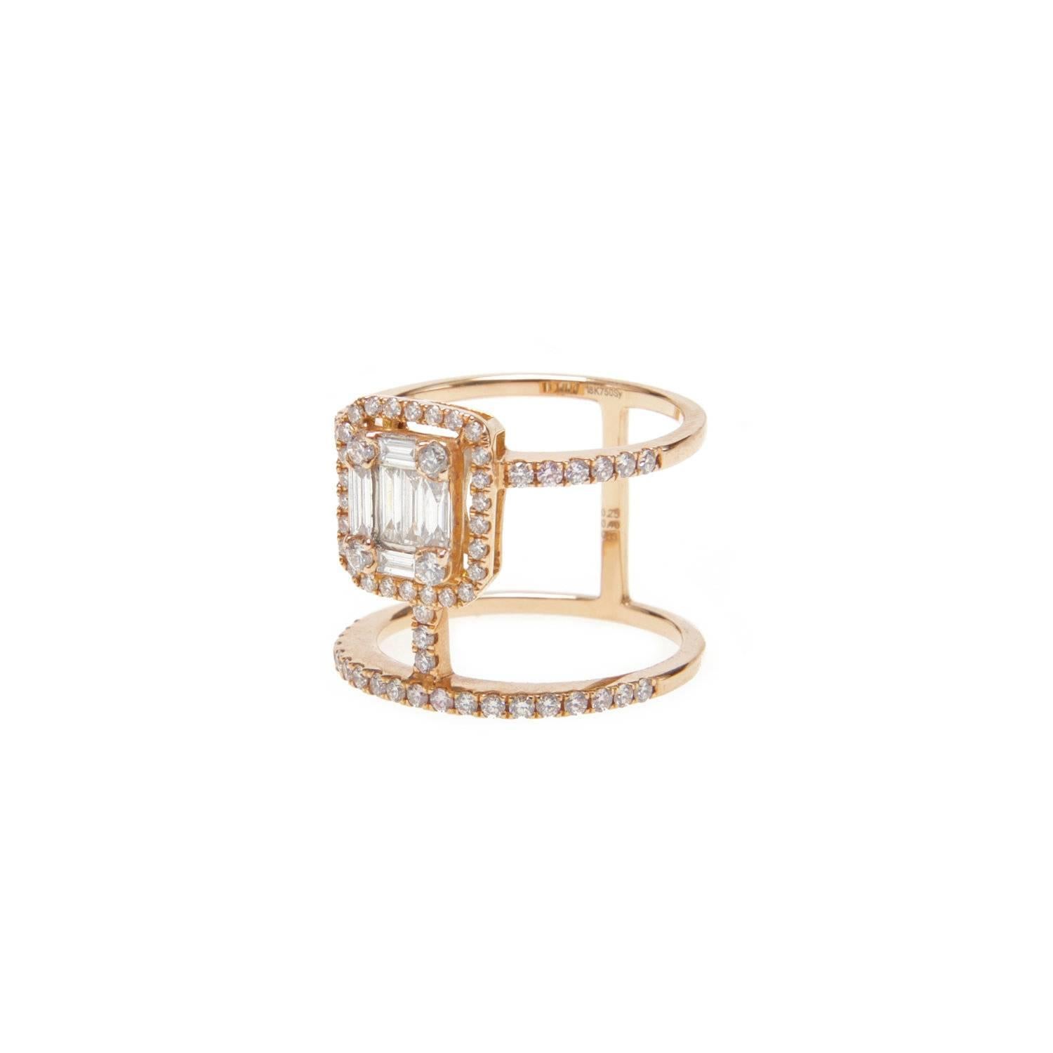 Balancing classic aesthetics with modern sensibilities, Ri Noor's Double Bar Diamond Ring is designed to elevate any outfit, no matter the occasion. The ring consists of a grouping of baguette diamonds with four round diamonds surrounded by