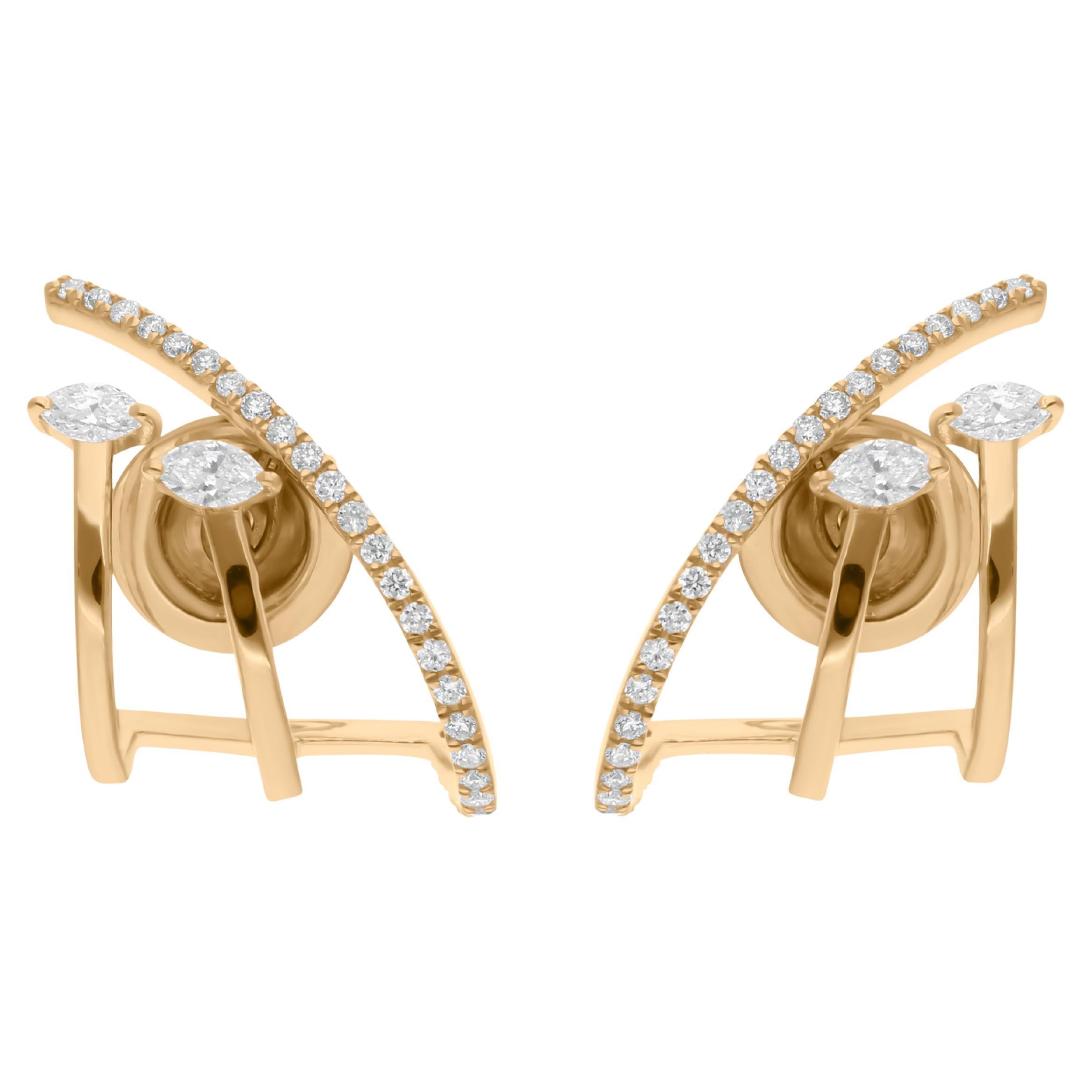 Double Bar Marquise Natural Diamond Pave Stud Earring 18 Karat Yellow Gold