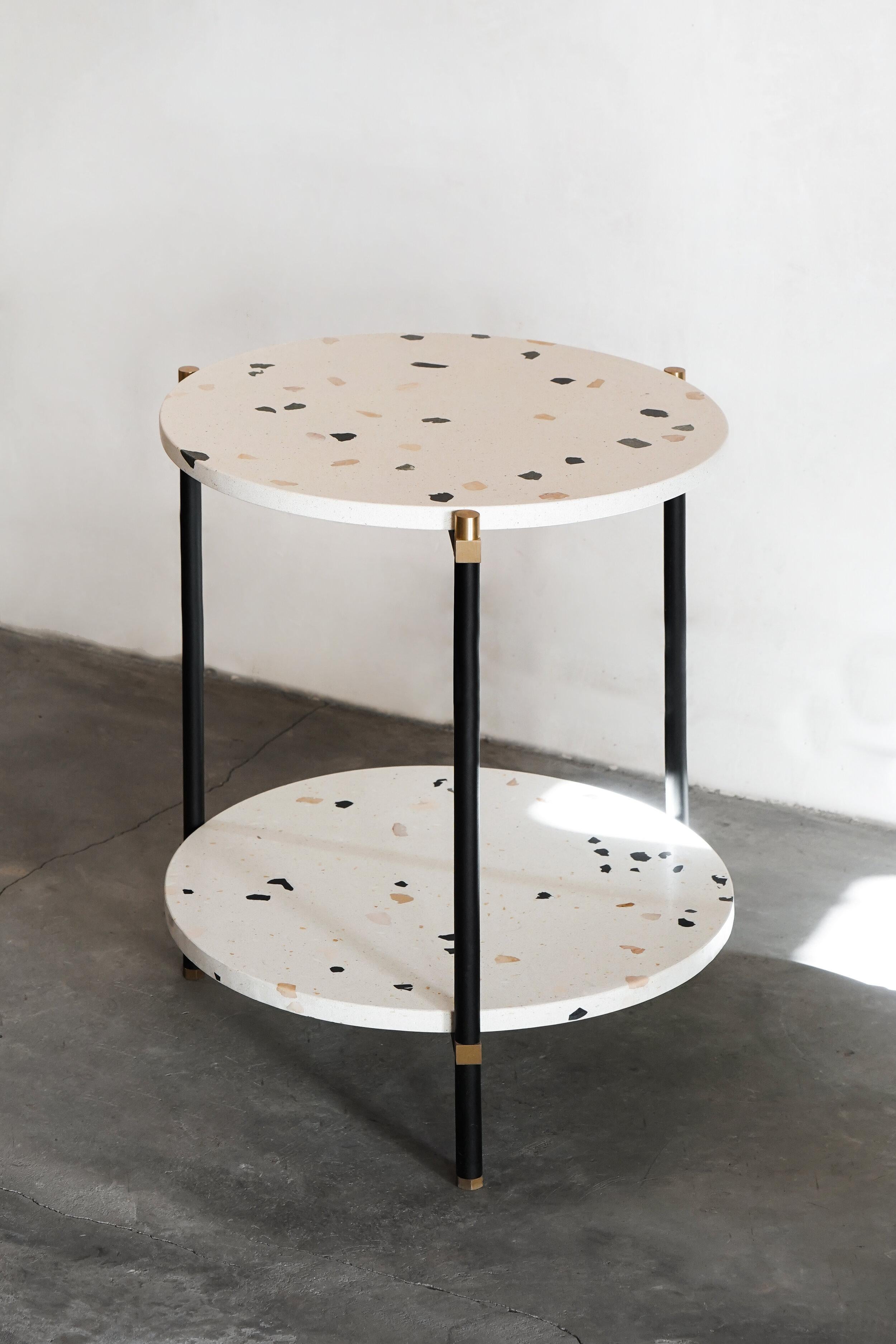 Double bar table 50 3 legs by Contain
Dimensions: D 50 x H 51 cm
Materials: Iron, brass, terrazzo, marble, stone.
Available in different finishes and dimensions.

The Connector furniture collection is based on single assembly pieces that get