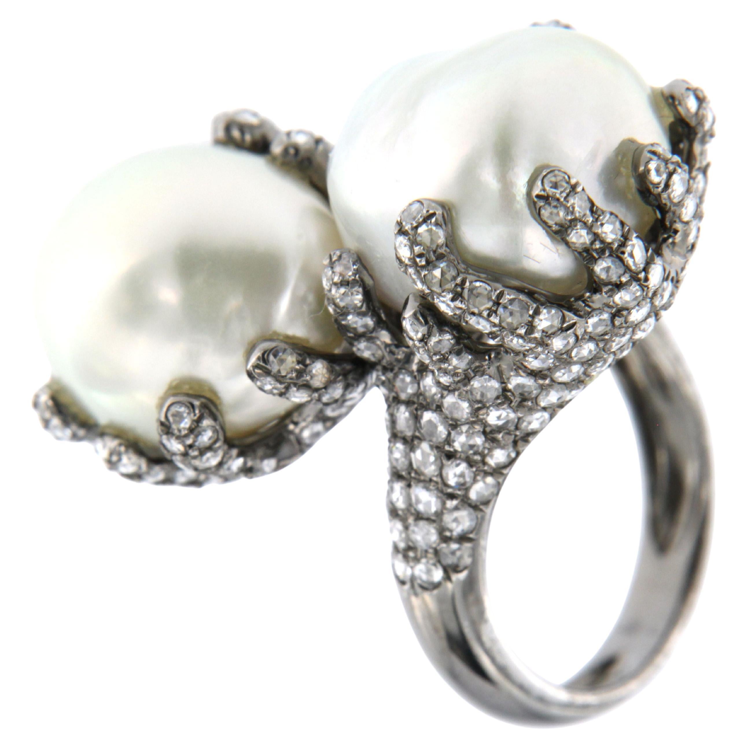 Baroque South Sea Pearl Toi Et Moi Diamond Ring in 18 Karat Rhodium Gold For Sale