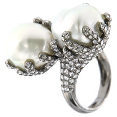 Double Baroque South Sea Pearl Diamond Ring in 18 Karat Rhodium Gold