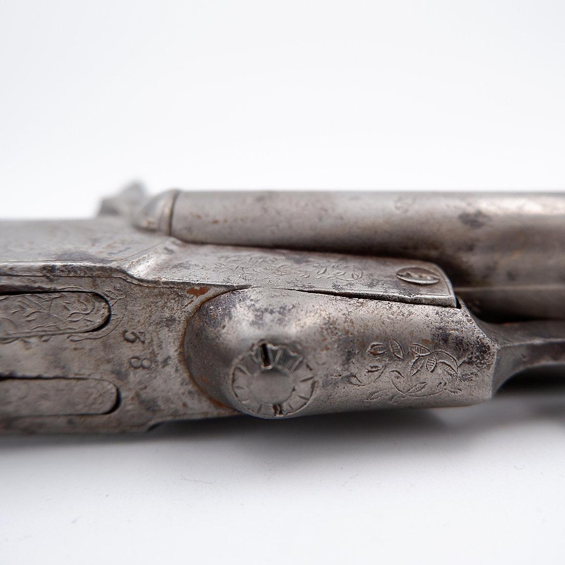 Pistola da caccia a doppia canna - Incisione con fogliame - Calcio in noce scanalato in vendita 7