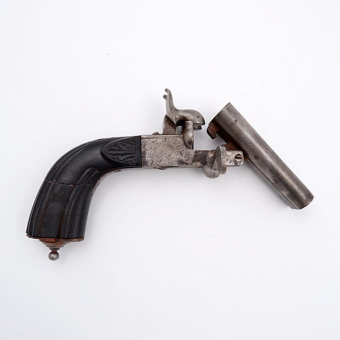 Pistola da caccia a doppia canna - Incisione con fogliame - Calcio in noce scanalato in vendita 3