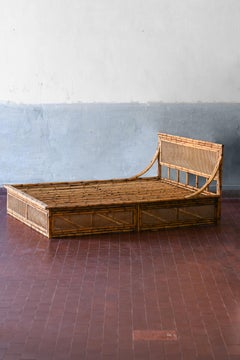 Letto matrimoniale con testata in bambù e paglia di Vienna, 1980