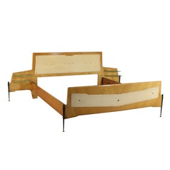 Double Bed with Glass Hanging Shelves Maple Veneer Skai Vintage, 1960s