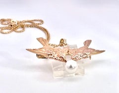 Vintage 14K Yellow Gold Double Bird Brooch Pendant with Pearl, 1950s