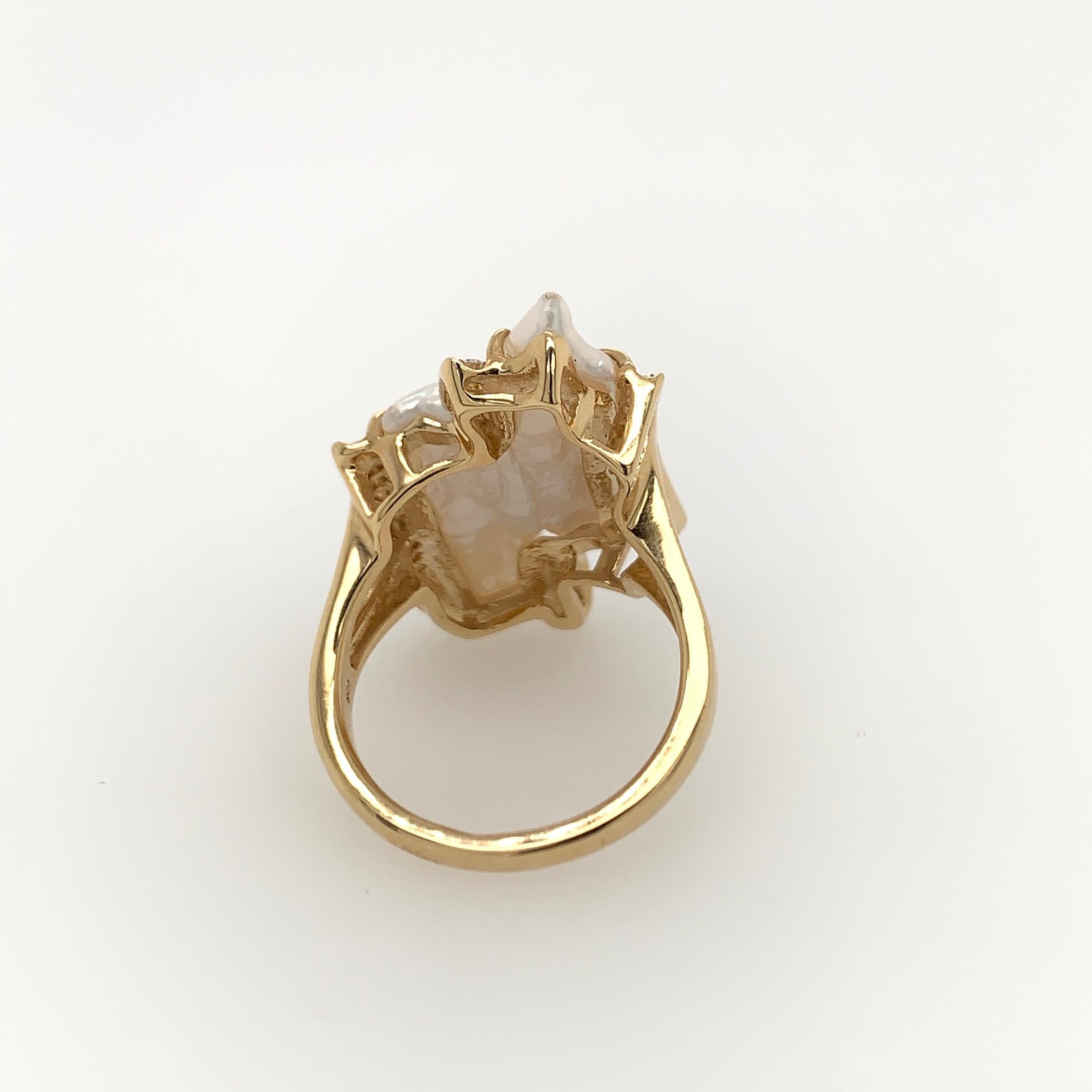 Women's Double Biwa Freshwater Pearl and Diamond 14 Karat Yellow Gold Ring For Sale