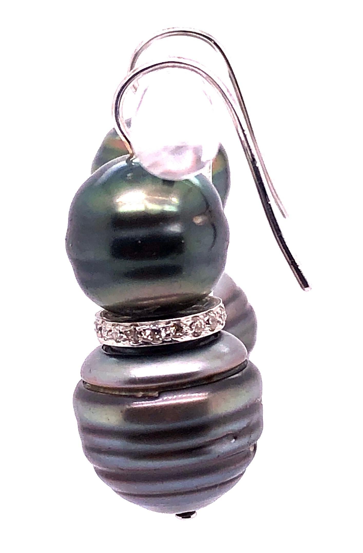 Round Cut Double Black Baroque Pearl and Pave Diamond Drop Earrings For Sale