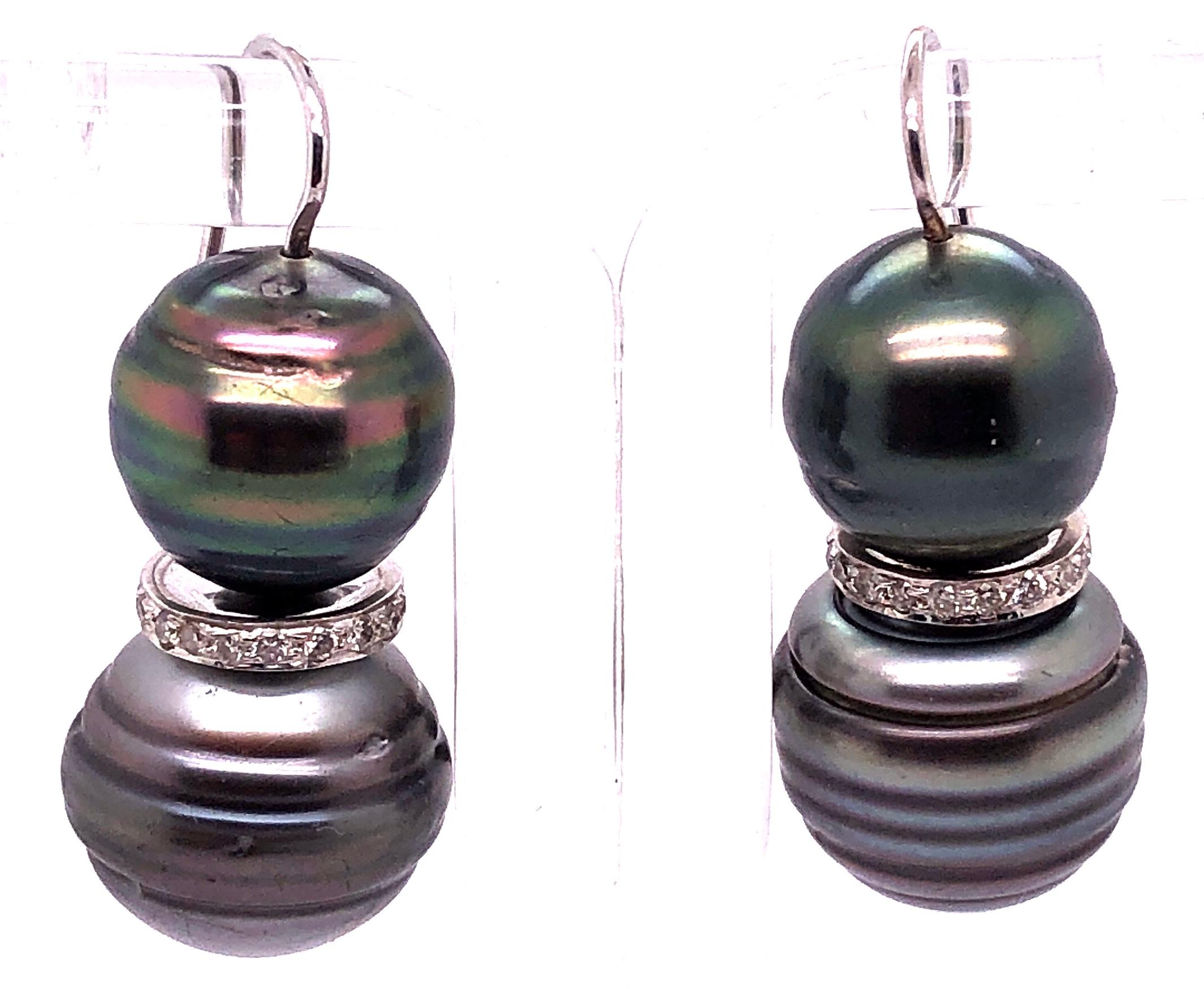 Women's or Men's Double Black Baroque Pearl and Pave Diamond Drop Earrings For Sale