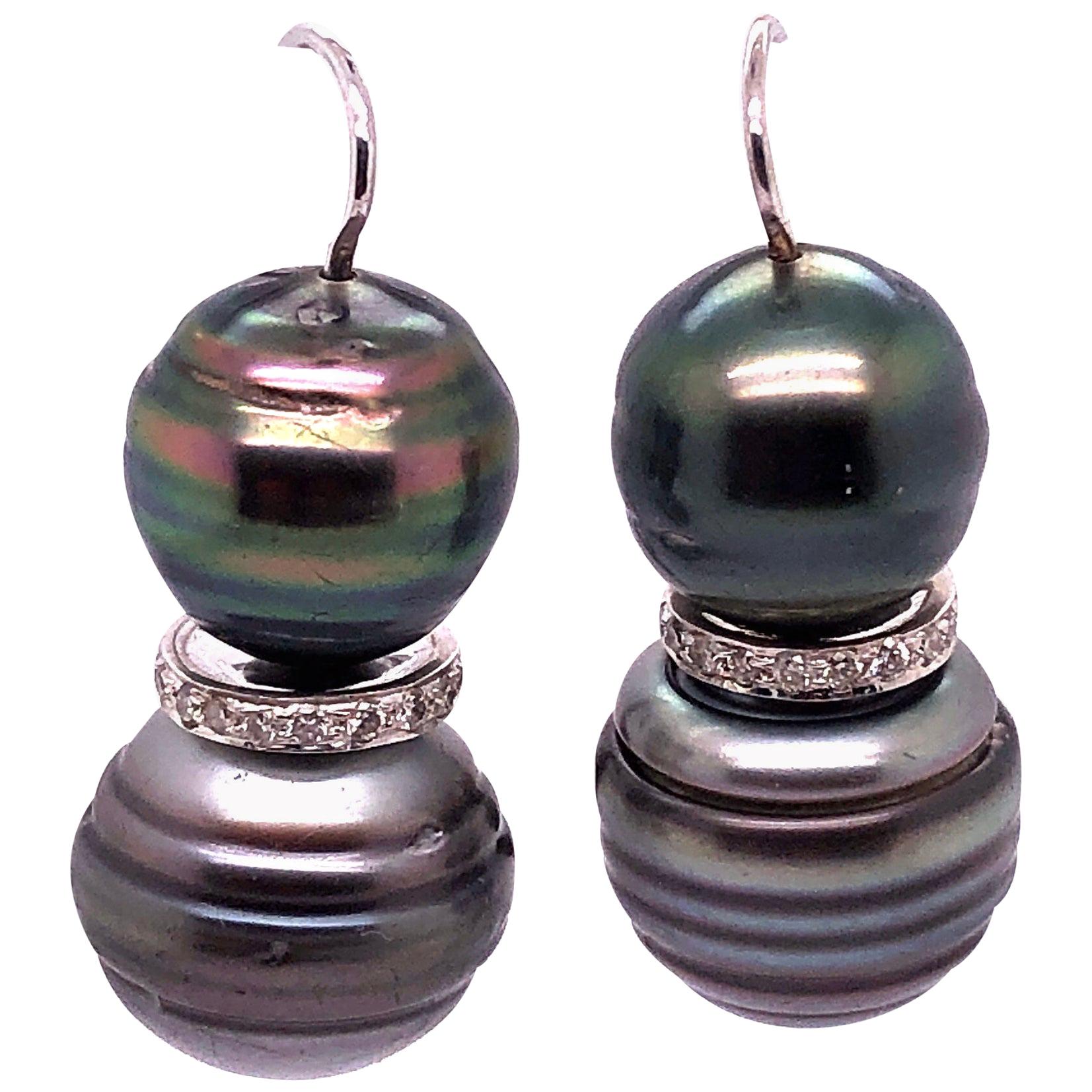 Double Black Baroque Pearl and Pave Diamond Drop Earrings For Sale