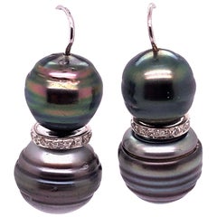 Retro Double Black Baroque Pearl and Pave Diamond Drop Earrings