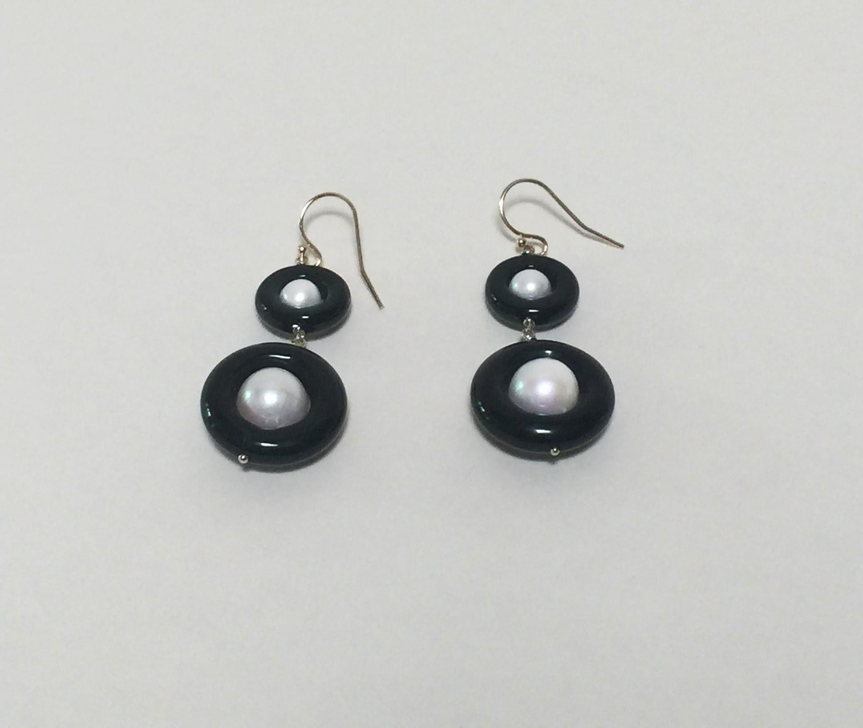 Artist Double Black Onyx and Pearl Earrings with 14 Karat Yellow Gold Hook and Wiring