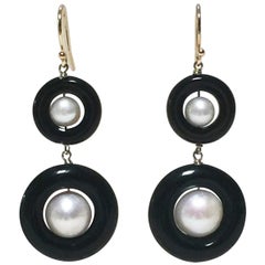Double Black Onyx and Pearl Earrings with 14 Karat Yellow Gold Hook and Wiring