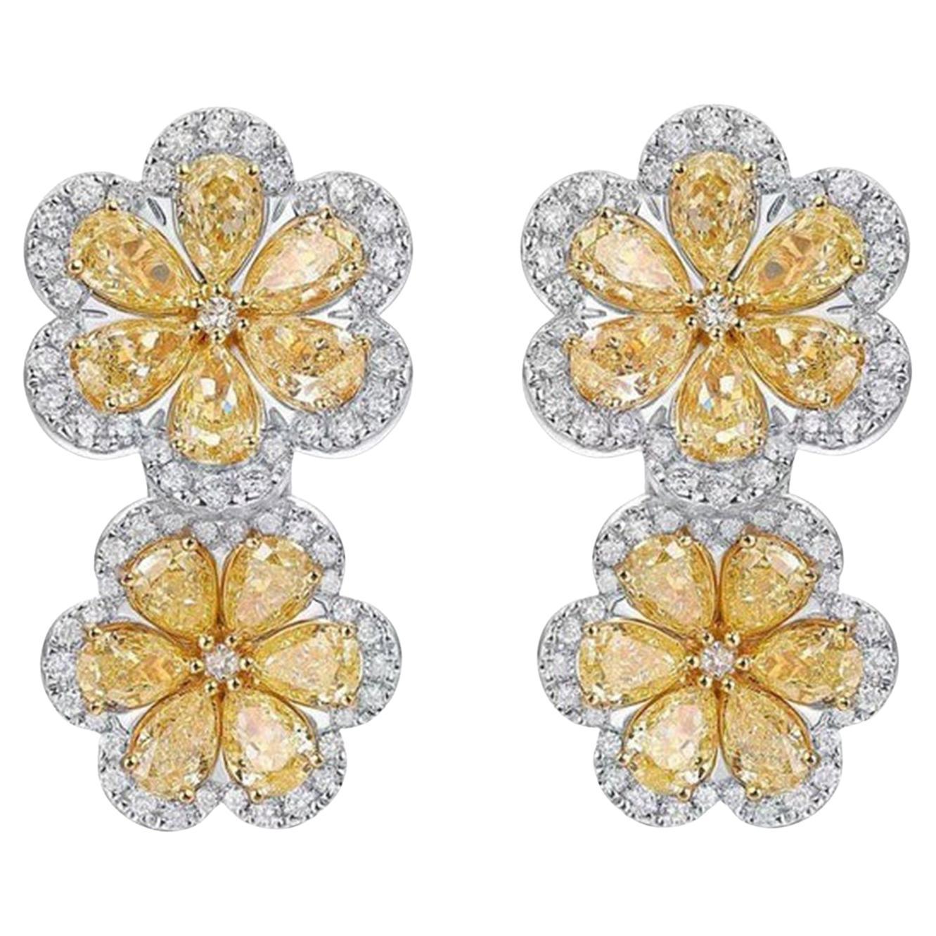 Double Bloom 18K White Gold Flower Drop Earrings For Sale