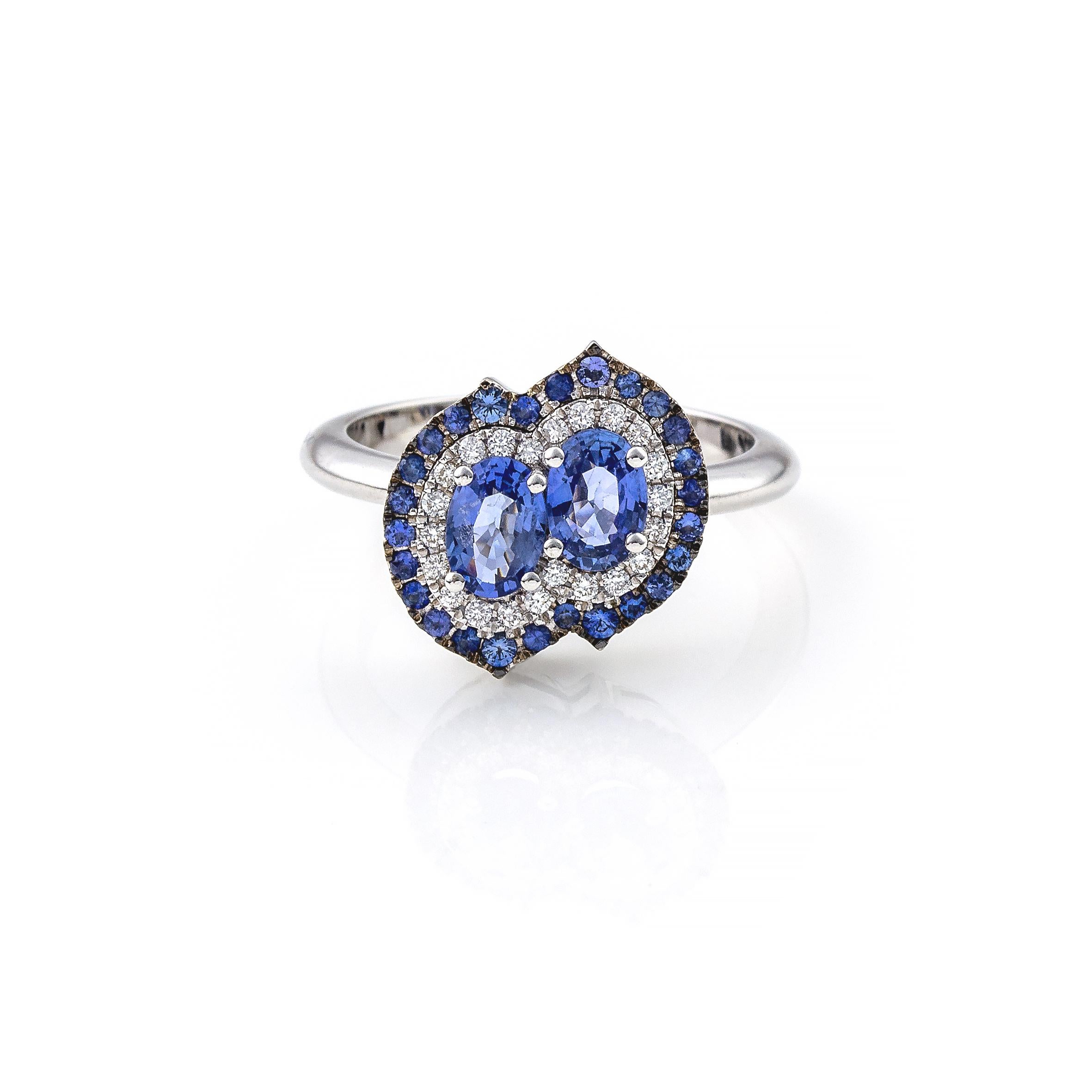 Romantic Double Blue Sapphire and Diamond 18Kt white gold ring marquise cut handmade For Sale