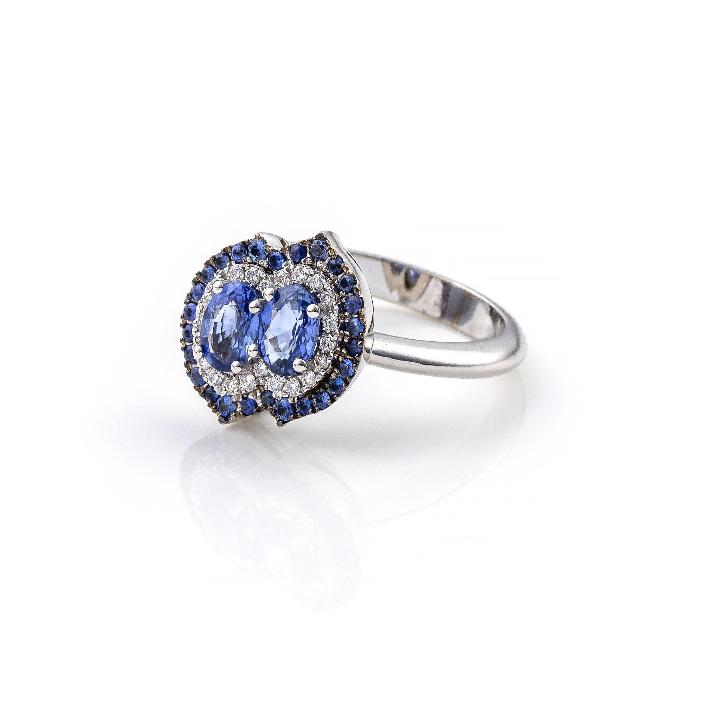 Marquise Cut Double Blue Sapphire and Diamond 18Kt white gold ring marquise cut handmade For Sale