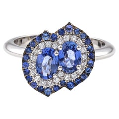 Double Blue Sapphire and Diamond 18Kt white gold ring marquise cut handmade
