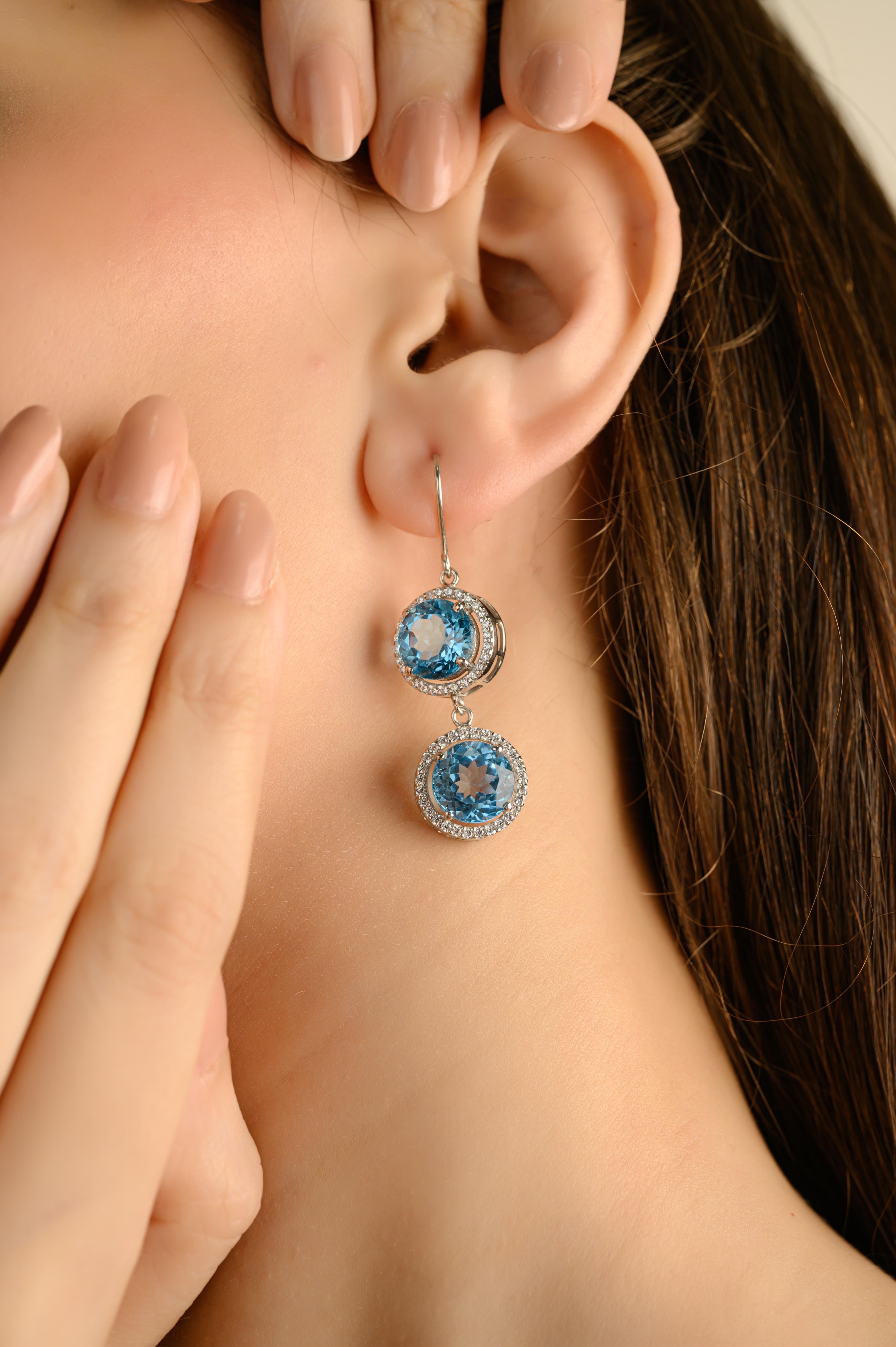 Double Halo Blue Topaz Drop Dangle 925 Silber Ohrringe Hochzeit Geschenk für Sie im Angebot 2