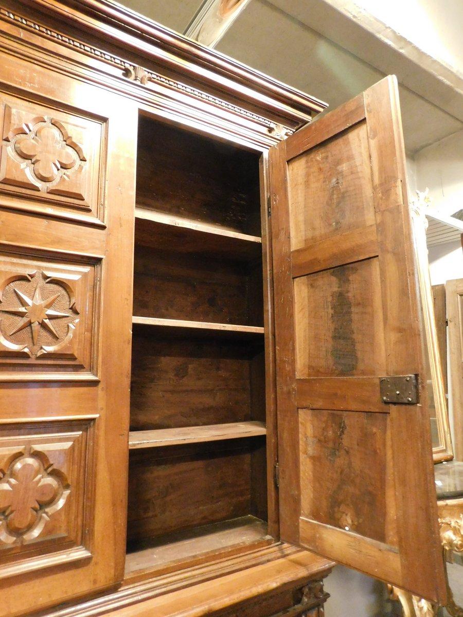 Walnut Double-body cabinet in richly carved walnut wood, Tuscany For Sale