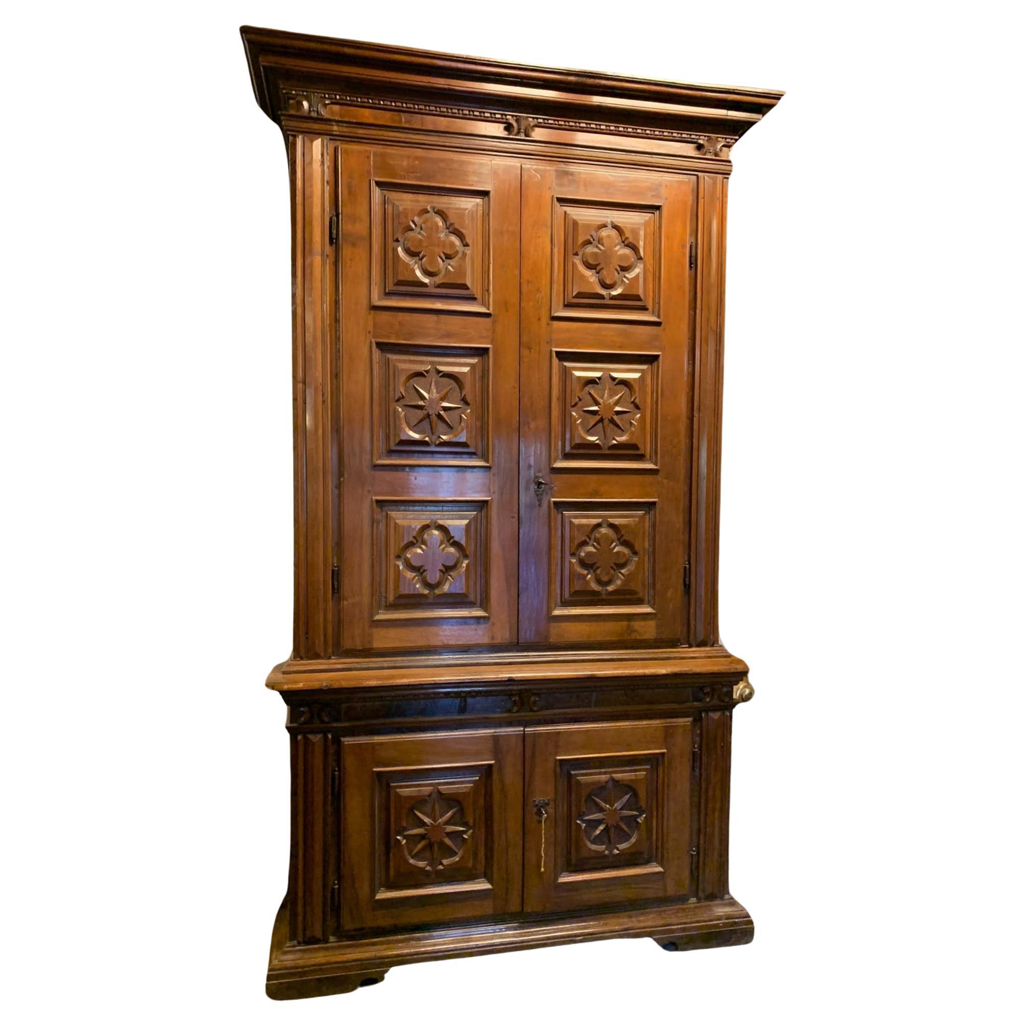 Double-body cabinet in richly carved walnut wood, Tuscany For Sale