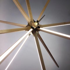 Double Boom Chandelier Wood Led Lamp in Heart Pine and Brass by Stickbulb