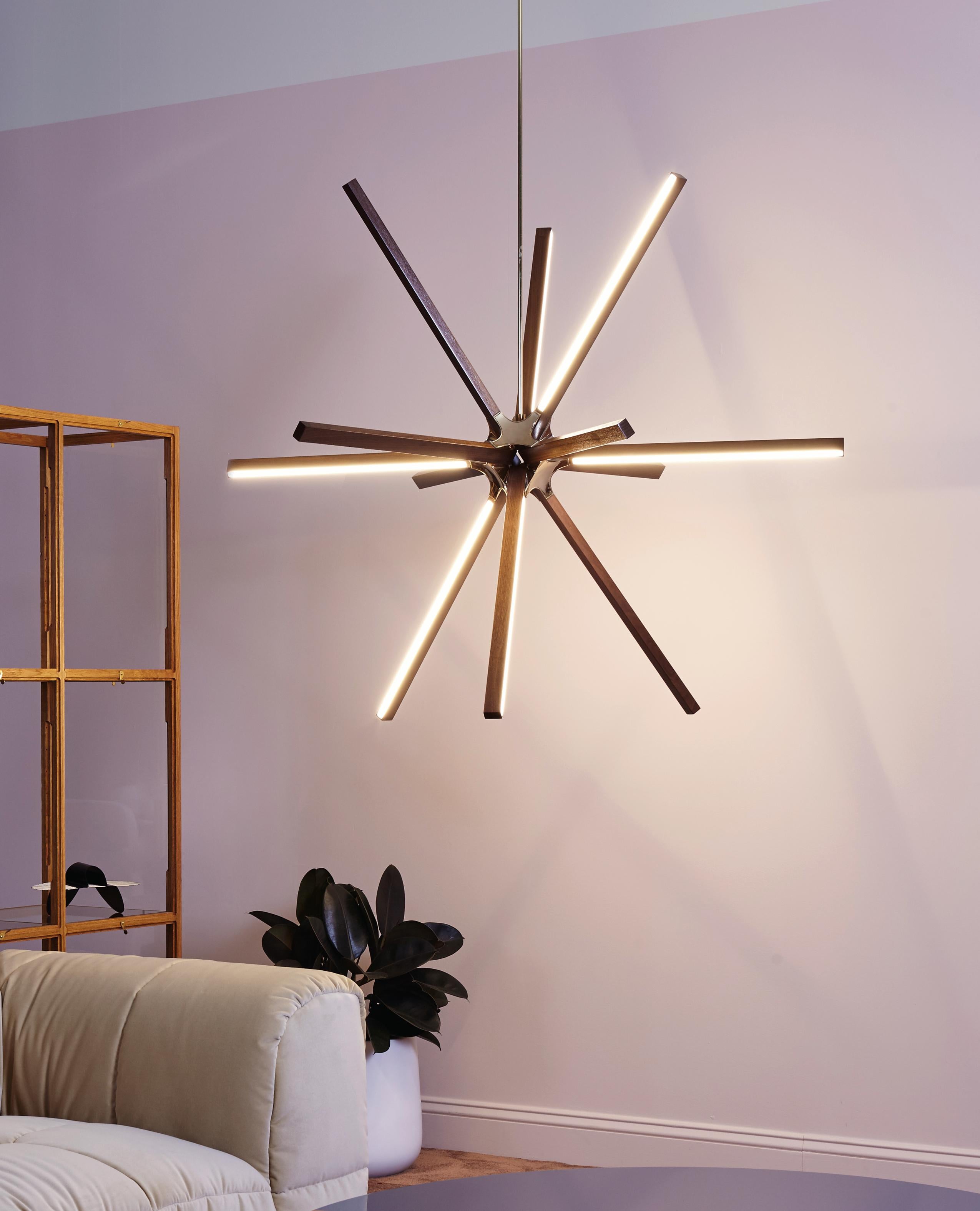 Modern Double Boom Chandelier Wood Led Lamp in Heart Pine and Brass by Stickbulb For Sale