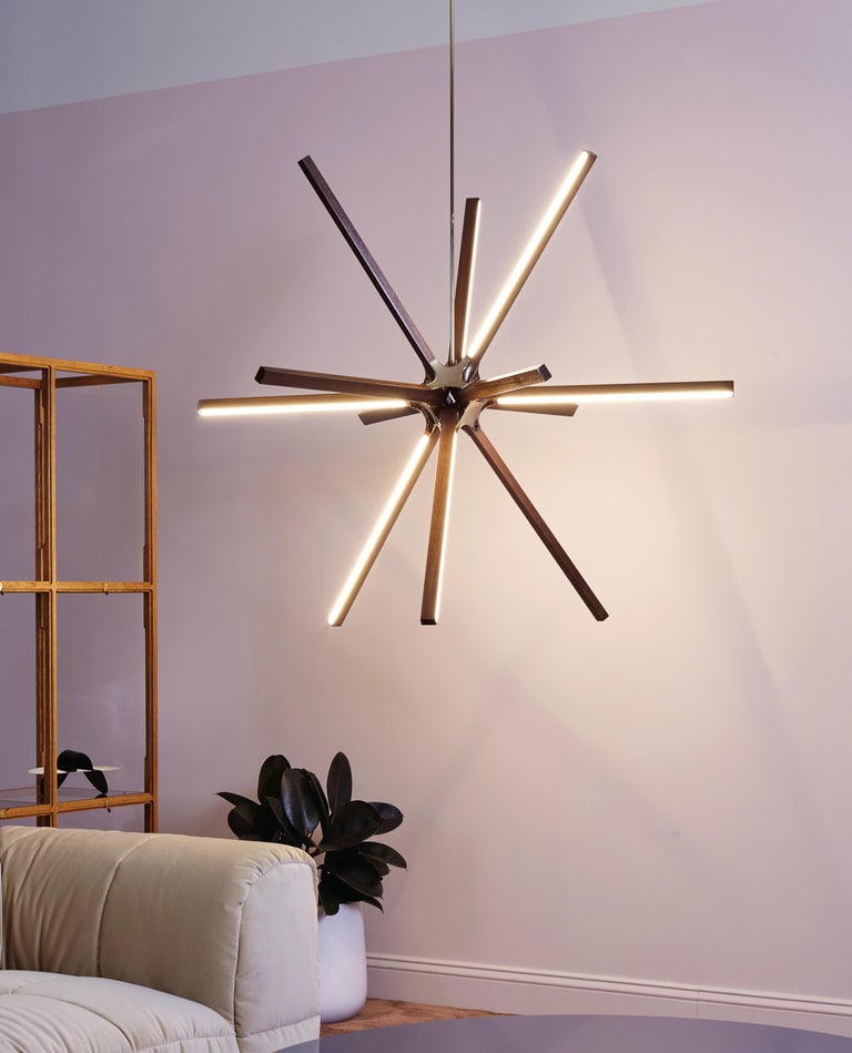 American Double Boom Chandelier Wood Led Lamp in Heart Pine and Brass by Stickbulb For Sale