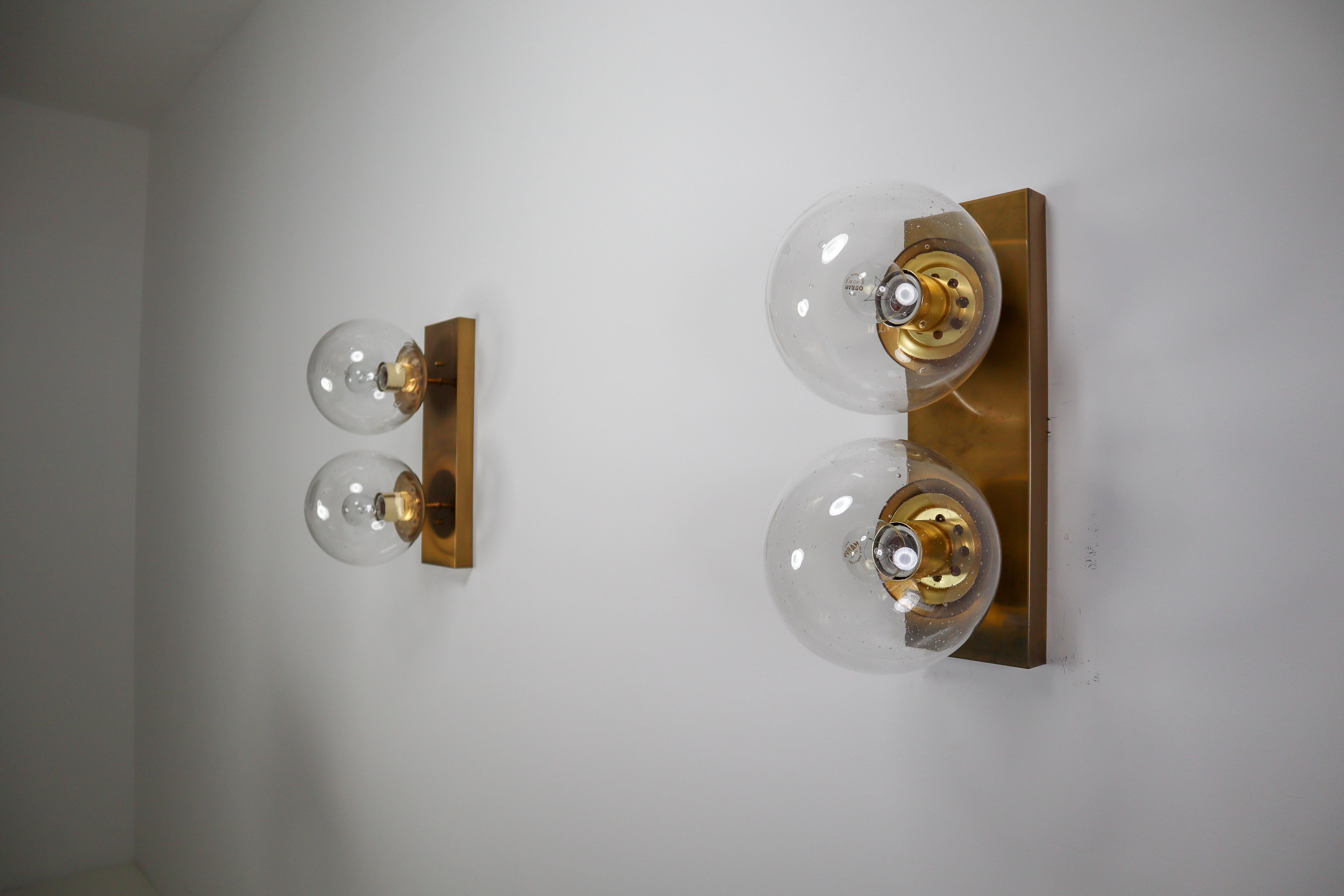 Mid-Century Modern Double Brass Wall Scones with Hand Blowed Glass Globes